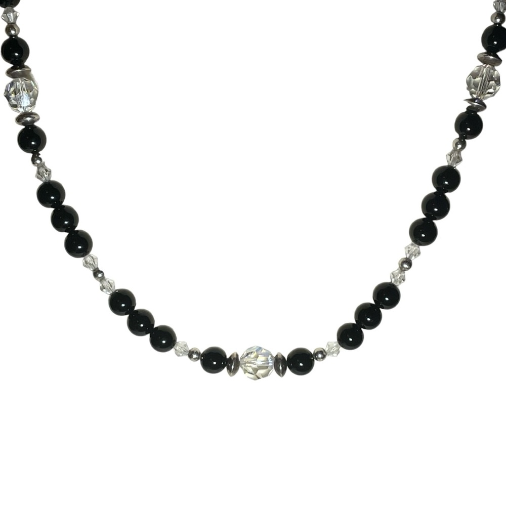 925 Black Onyx with Faceted Aurora Borealis Crystals Necklace w/Sterling Clasp